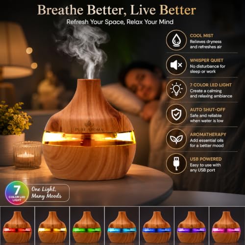 Image of PURE AROMA 300 ML Ultrasonic Atomization Humidifier & Essential Oil Aroma Diffuser | Cool Mist | Whisper Quiet | LED Night Light | Auto Shut-Off | USB Powered