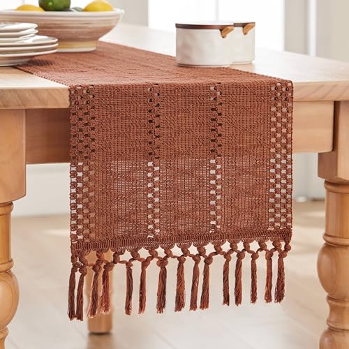 Image of ZeeMart Macrame Style Boho Table Runner, 12x60 Inch Terracotta | Woven Boho Table Runner with Handmade Tassels, Crochet Hollow Table Scarf, Farmhouse Kitchen Home Decor Dresser Runner