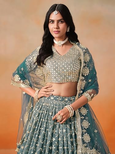 Image of Zeel Clothing Women Georgette Semi stitched Sequins Zari Embroidered Lehenga Choli With Dupatta (7086-Latest, Free size)