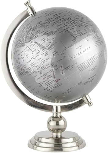Miniatura 7 de Globo de mundo de aluminio gris plateado, globo giratorio decorativo de 18 pulgadas de alto con pedestal cromado y remate, acento moderno