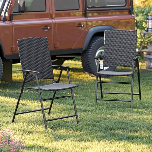 Image of Tangkula Outdoor Folding Chairs Set of 2, Patio PE Wicker Dining Chairs with Armrests and Metal Frame, Portable Lawn Chairs for Garden, Porch, Balcony and Camping, Fully Assembled (1, Mix Brown)