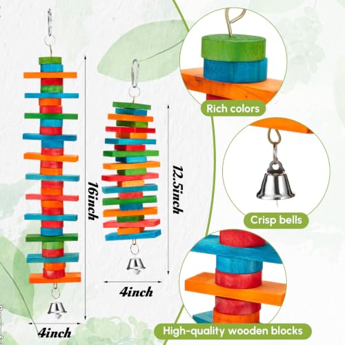 Image of Seenelling 6 Pcs Extra Large Bird Toys for Parrots, Block and Ring | Multicolored Natural Wooden Blocks & Beads Bells, Bird Cage Chewing Toys for Large Medium Macaws African Grey Cockatoos
