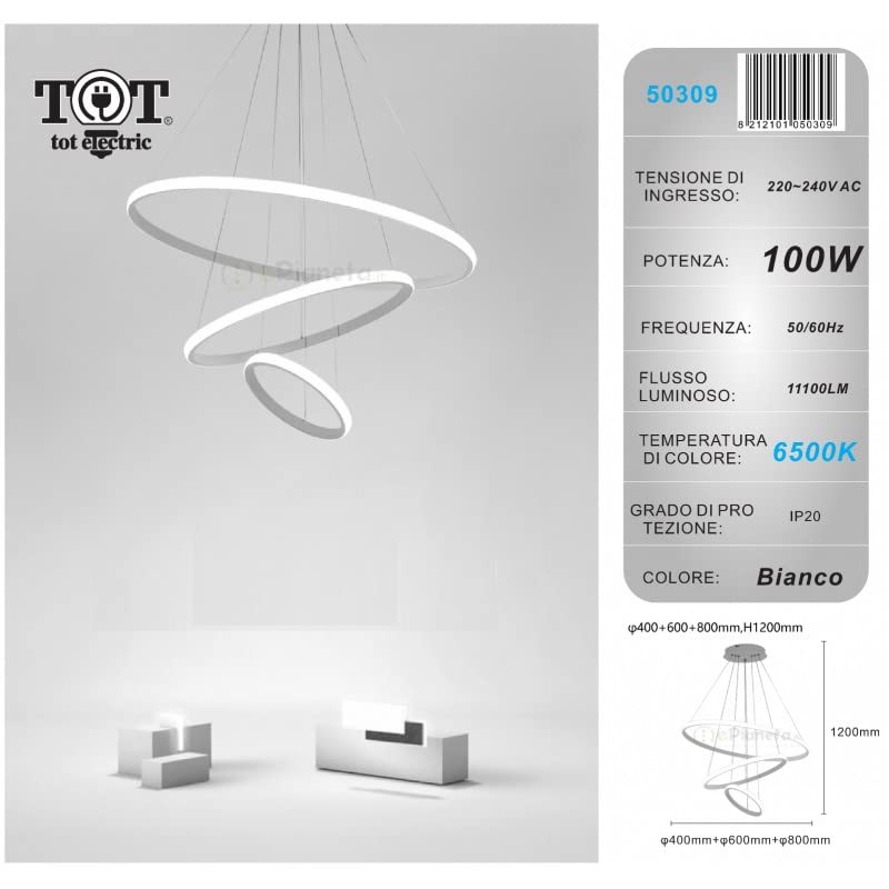 Lampadario sospeso led 100w 3 cerchi pendente cerchio rotondo con anelli bianco design moderno per camera salotto (Luce Naturale)