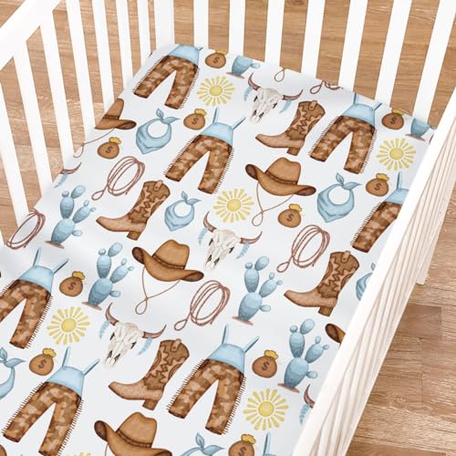 Image of Blue Western Cowgirl Cowboy Fitted Baby Crib Sheet for Boy Girl 52 inchx28 inch Desert Cowboy Hat Boot Sun Cactus Soft Breathable Baby Crib Mattress Bed Sheet Fits Standard Crib and Toddler Mattress