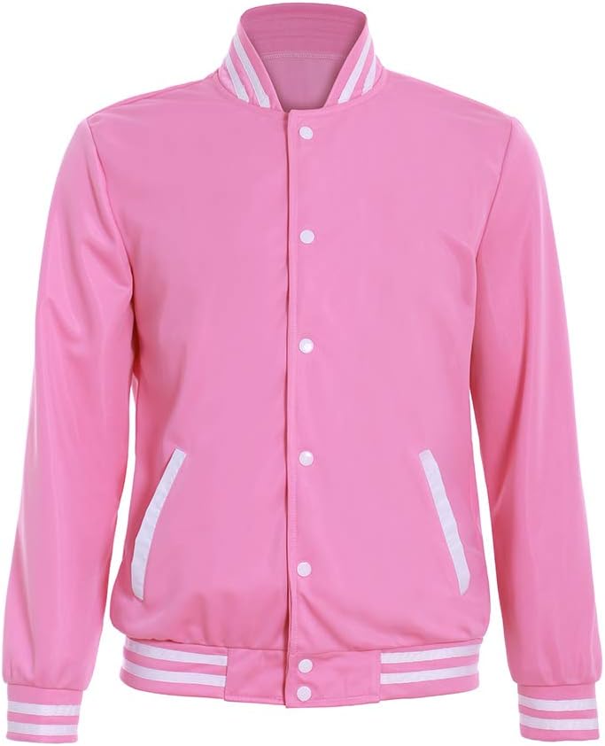 Men's Pink Baseball Jacket Button up Varsity Coat School Uniform Sportswear Casual Top
