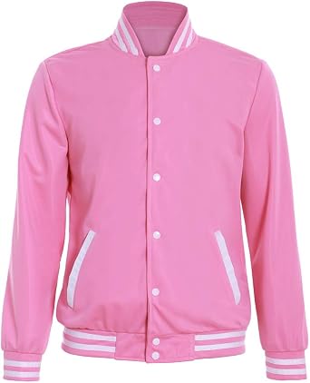 Mens Pink Baseball Jacket Button up Varsity Coat School Uniform Sportswear Casual Top