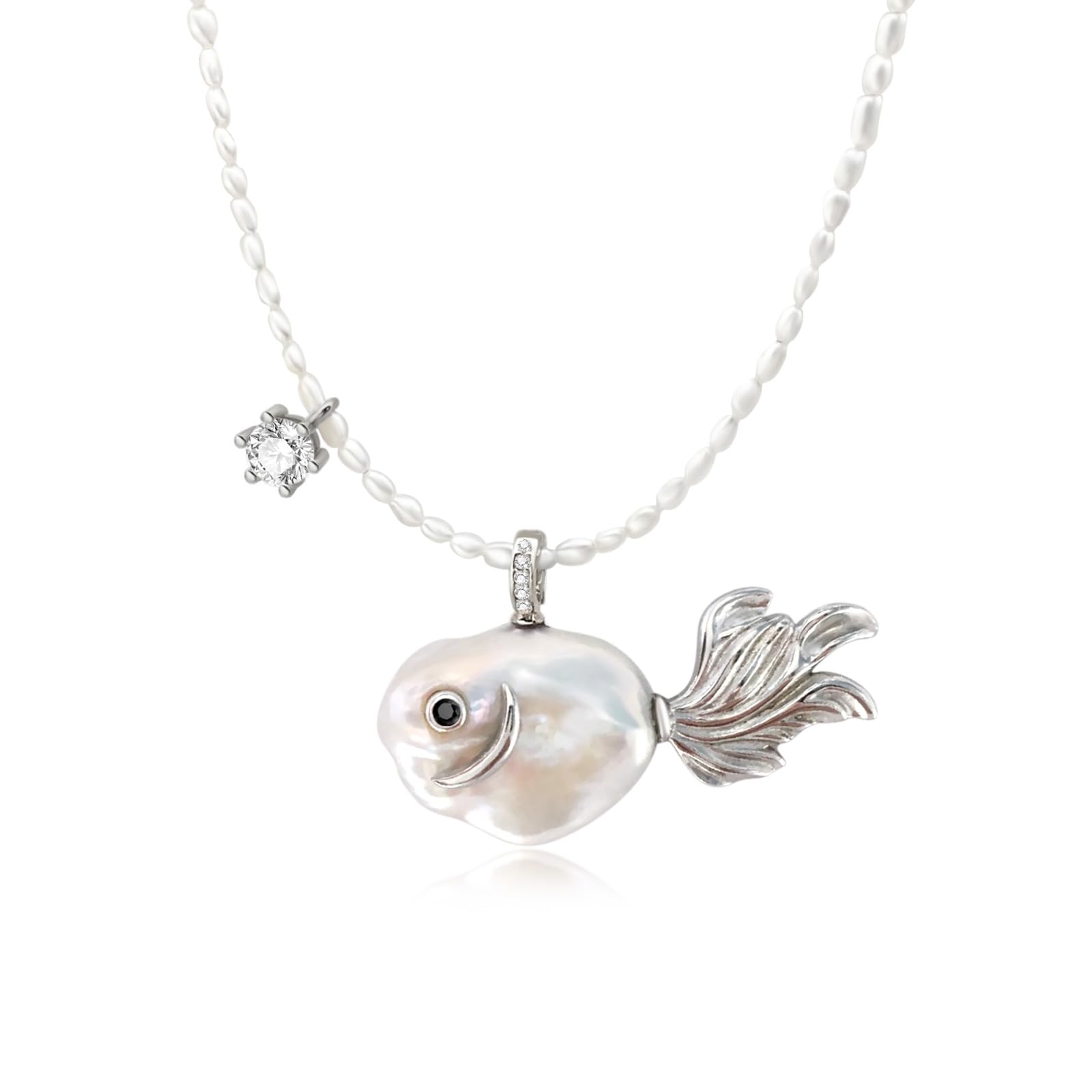 Fish Pearl Necklace for Women Freshwater Pearl Baroque Goldfish Necklace for Mom Daughter, 18k Gold-plated, 14-20mm Pearls, 18" + 2.5" Extender,