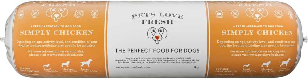 Healthy & Tasty Fresh Dog Food by Pets Love Fresh - 100% Natural - Real British Meat - Zero Preservatives - Simply Chicken (15 x 1kg chub rolls)