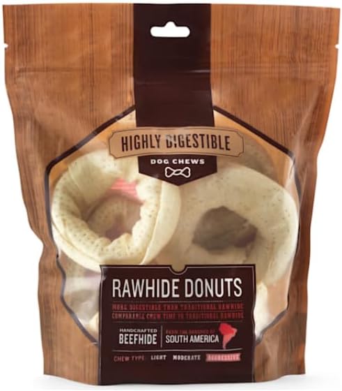 Rawhide Donut Dog Chews Beef (6 Count) - Beefhide Rawhide Rings for Dogs Highly Digestible Donut Bones Perforated Long Lasting Dental Chew Treats Aggressive Chewers All Breeds Sensitive Stomach