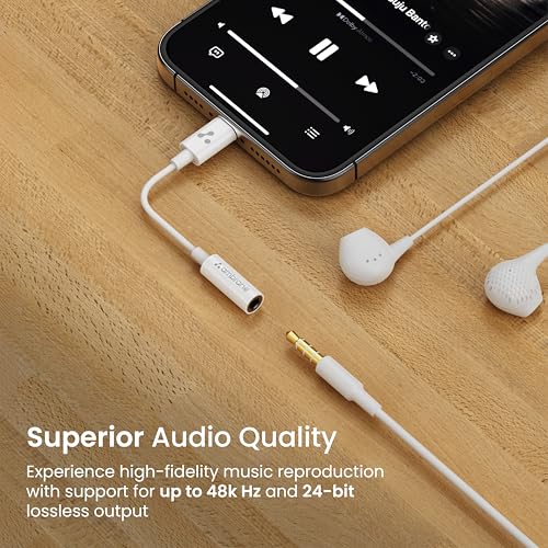 Image of Ambrane Lightning to 3.5mm Audio Earphones Jack Adapter | AUX Cable, Port Converter for iPhone 14, 13, 12, 11, X, XS, 8, 7, 6S, SE, iPod, iPad | Headphone & Car Stereo Connector | White (AOTG-LX1)
