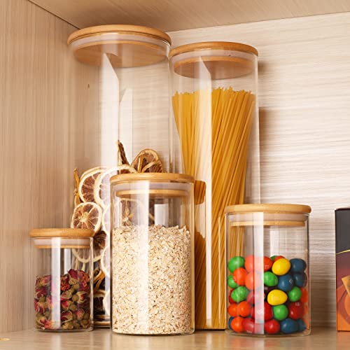 Rowellsoul Glass Storage Jars, Transparent Food Containers Set Of 3, Food Jars With Bamboo Wood Lid For Kitchen Ingredients Storage, Coffee Beans, Candy, Cookies, Rice, Sugar, Flour, Pasta, Nuts #TOP5