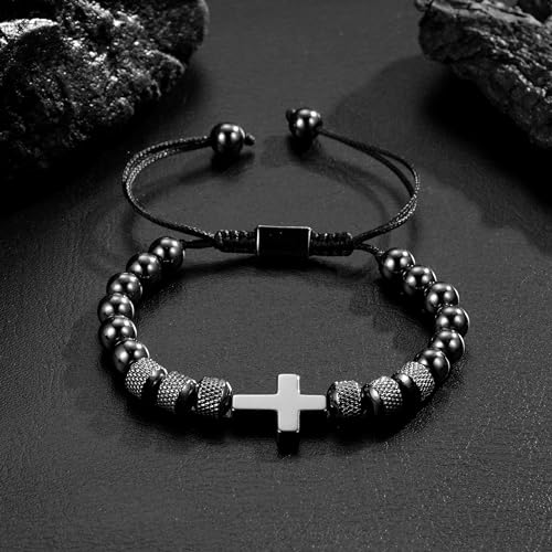 Image of Cross Bracelet for Boys Teens, Adjustable Obsidian Beads Bracelets Christian Religious Jewelry Gifts for Teen Teenage Boys