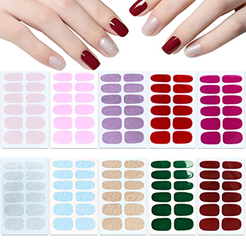 10 Sheets Full Wraps Nail Art Polish Stickers Self-Adhesive Nail Strips Solid Color Gradient Glitter Design Nail Decals Accessories Manicure Kits for Women Girls DIY Nail Art Designs