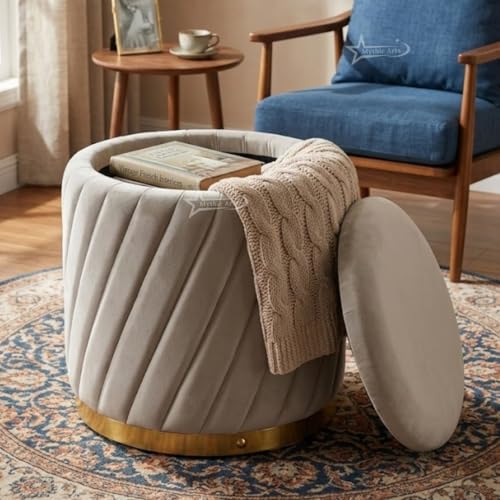 Image of Mythic ArtsRound Upholstered Sitting Stool & Footrest Velvet Storage Ottoman Pouffe13 X 13X 16 inch | Versatile Puffy for Living Room, Bedroom, and Office ? Chic Home Furnishings & Dcor Grey
