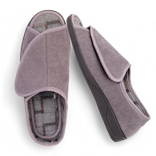 Men's Wide Furry 80-D Memory Foam Diabetic Slipper with Adjustable Closures, Wide Width Warm Plush Fleece Arthritis Edema Swollen Diabetic House Shoes Machine Washable w/Anti Slip Sole