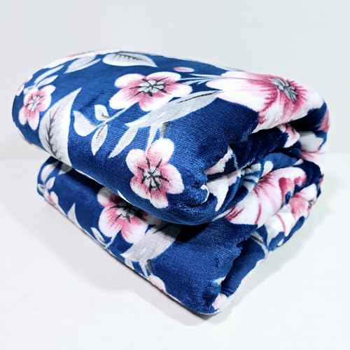 Image of Winter Premium Flannel Velvet Warm Duvet Cover Quilt Cover | Rajai Cover | Blanket Cover | Comforter Cover Single Size 60x100 inches Woollen (Blue Pink Flower, Single Bed)