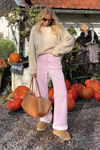 Madmext Kadın Pembe Çizgili Wide Leg Jean Pantolon, 38 Beden