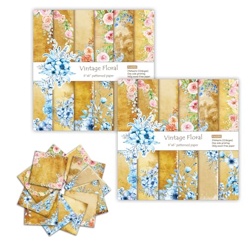 YFaith Papel Scrapbooking, 48 Hojas Papel de Arroz para Decoupage, 15,2 × 15,2 cm Papel de Patrón Vintage, 12 Patrones, para Álbumes de Fotos, Folletos y Decoraciones DIY