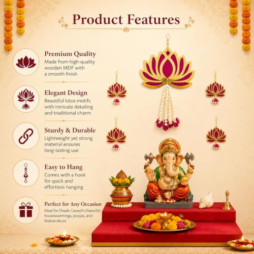 Image of SpecialYou Ganpati Decoration Setup for Home with Lotus Hanging Decorations, Ganesh Decoration Items for Home Decor, Wall Hanging Decor, 1 Big and 4 Small Lotus Hanging- 5 Pcs