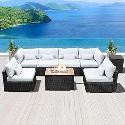 Dineli Patio Furniture Sectional Sofa with Gas Fire Pit Table Outdoor Patio Furniture Sets Propane Fire Pit (Pure White-Rectangular Table)