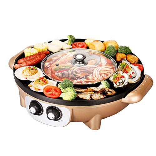 YJIUJIU Electric Korean BBQ Grill Hot Pot, Tabletop Grill and Fondue Smokeless and Non-stick Integrated Cooker Pot, Electric Hot Pot Electric Barbecue Electric Baking Pan,GoldRoundpot