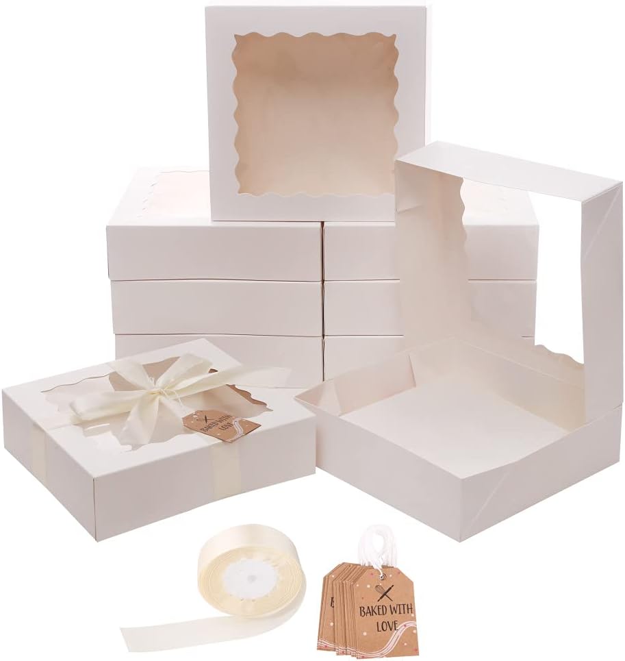 BOXRICO Premium Bakery Boxes with Viewing Window 10x10x2.5(12 count) - Treat Boxes, Pie Large Cookie Pastry Strawberry Mini Cake Dessert Ribbon, Hang tags (WHITE) BXR-PRNT-101025