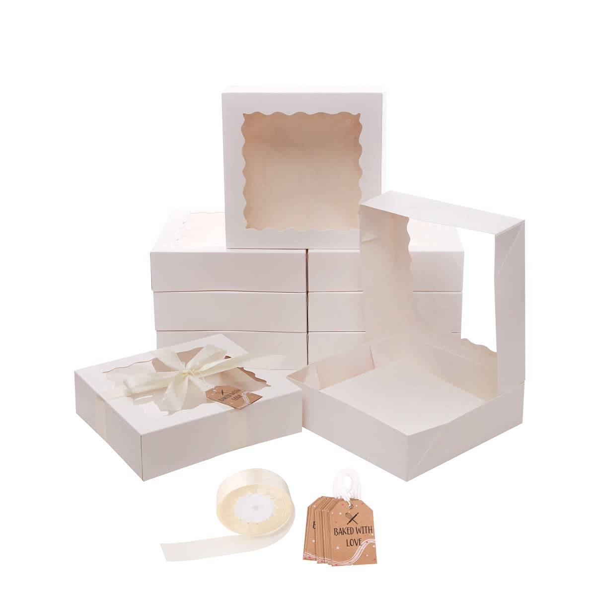 BOXRICO Premium Bakery Boxes with Viewing Window 10x10x2.5(12 count) - Treat Boxes, Pie Large Cookie Pastry Strawberry Mini Cake Dessert Ribbon, Hang tags (WHITE) BXR-PRNT-101025