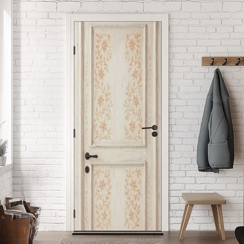 3D Door Mural Vintage Wooden Door Hand Painted Floral Cream