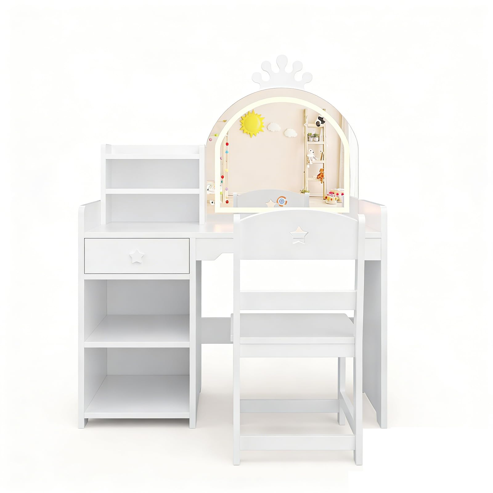 Tocador de Maquillaje Niña 2 en 1 con Tocador y Escritorio, Tocador de Maquillaje con Luz y Taburete, Luces LED, Espejos, Cajones y Estantes Abiertos