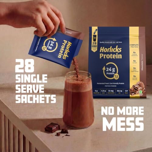 Image of Horlicks Protein Powder 1 Kg Pack| 24g Protein | 4g Fibre|Chocolate Flavour |28 Daily Use Sachets | Fermented Yeast Isolate | Gut-Friendly Protein | Complete | For Men & Women
