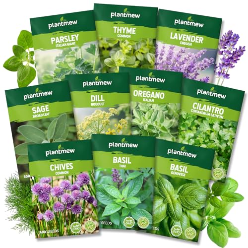 PLANTMEW 10 Herb Seeds Variety Pack - 7 000+ Heirloom Seeds - Basil Cilantro Lavender Parsley Dill Thyme Chives Oregano Sage Herb Garden Kit for Planting Home Garden Gardening Gift