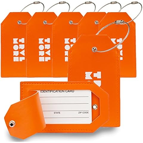 7 Pack TravelMore PU Leather Luggage Tags for Suitcases w/Privacy Cover - Travel ID Identifier Labels Set for Bags & Baggage - Men & Woman - Orange Cover
