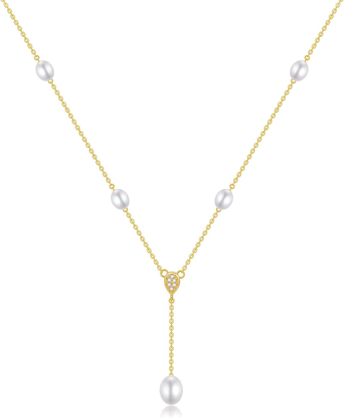 14k Gold Lariat Tin Cup Station Necklace Solid Gold Pearl Necklace Anniversary Birthday Mothers Day Jewelry Gifts for Mom, Wife, 16''-18''