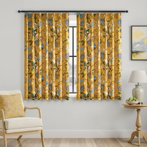 Image of Mustard Yellow Kitchen Tier Curtains 36 Inches Long,Botanical Floral Lemon & Hummingbird Pinch Pleated Half Window Drapes Room Darkening for Kitchen RV Cafe Basement Bathroom Dining Room,2 Panels