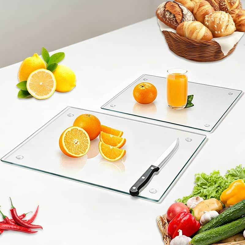 Lot de 2 planches à découper en verre trempé avec pieds en caoutchouc, 2 tailles pour comptoir de cuisine, planche à découper rectangulaire antidérapante...