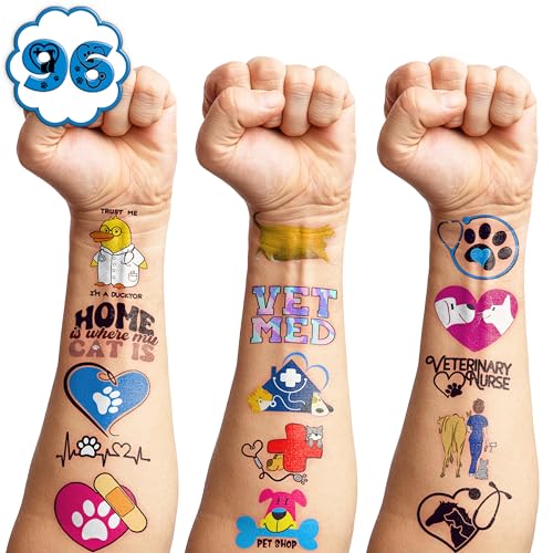 96 PCS Funny Veterinary Vet Medicine Technician Vet Med Temporary Tattoos Birthday Theme Party Supplies Decorations Favors Decor Cute Pet Cat Dog Tattoo Stickers Gifts for Kids Boys Girls Class Prizes