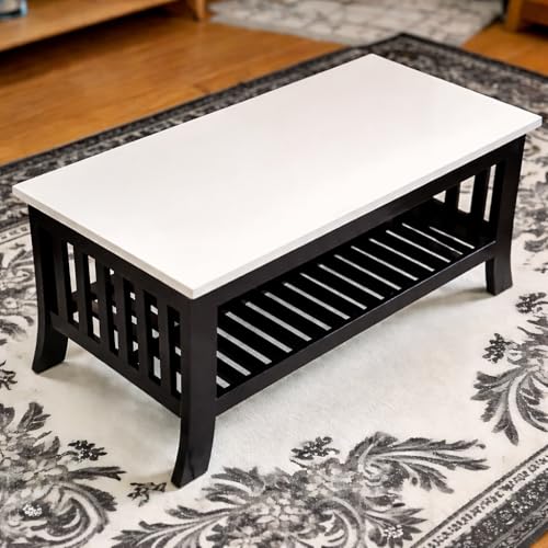 Image of WELLBORN Wooden Center Table /CoffeeTable /Sheesham Wood Tea Table for Living Room, Bed Room, Waiting Room, Hotels, Office, Restaurant, CAF (39.5xW20xH18 Inch) (White top & Black Base)