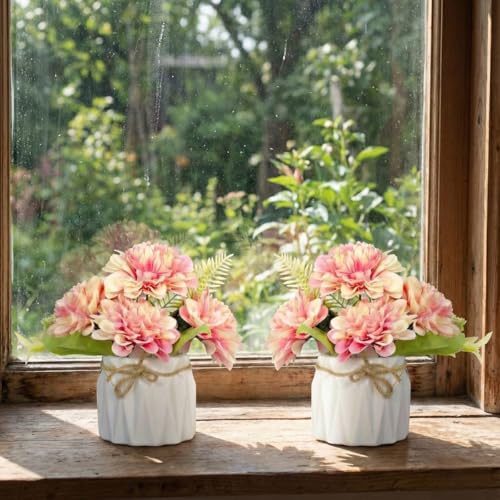 Image of Dekorly Artificial Lavender Plant in White Pot, 18cm - Realistic Faux Flower Arrangement for Home & Office Decor (Set of 1) (2, Chrys Pink Bunch)