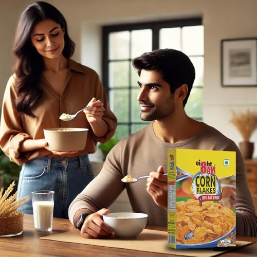 Image of 8 AM Corn Flakes 500 Gram (Pack Of 2), 97% Corn, 99% Fat Free, No Cholesterol, Trans Fat, Artificial Additives, Vitamins B1, B2, B3, B6, B9, Iron, Calcium, Crunchy & Nutritious Cereal