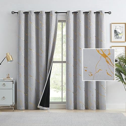 Metro Parlor Grey Gold Metallic Marble 100 Percent Blackout Curtains Window Treatments for Bedroom, Grommet Thermal Insulated Room Darkening Glitter Curtains for Living Room, 2 Panels, 52×63 Inch