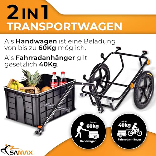 SAMAX Transportanhänger 70 Liter / 60 Kg Fahrradanhänger Lastenanhänger mit Kupplung Fahrrad Anhänger Handwagen mit Kunststoffwanne in Schwarz