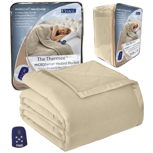 Thermee Micro Flannel Twin-Size Electric Heated Blanket, 10 Heat Settings with Timer & Safety Shutoff, Fast Heating Warm Blanket, Machine Wash & Dry, 85Lx66W, Tan