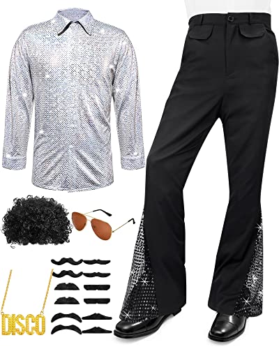 Mens 70s Disco Outfit Costume Bell Bottom Pants Shirts Wigs Neckl...