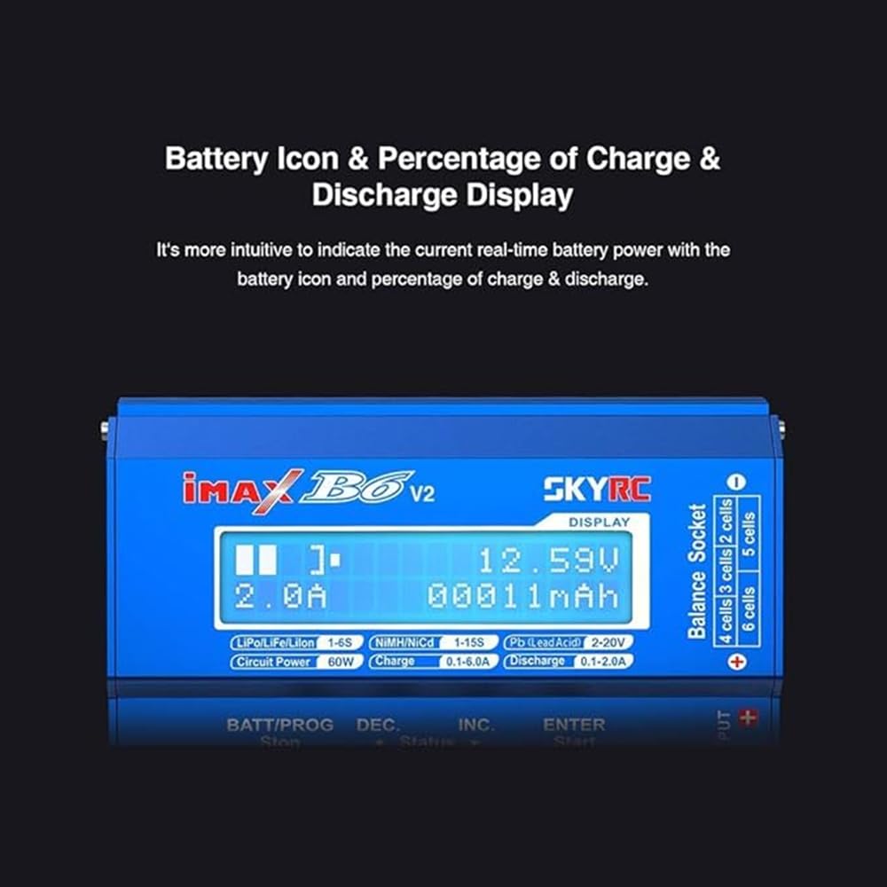 iMAX B6 V2 DC 60W 6A X60T RC Mehrere Akku Balancer Ladegeraet Entlader für 1S-6S LiPo Li ion Life LiHV, 1S-15S NiCd NiMh Pb AGM Ladegerät für DJI Drohne Inspire Auto Airsoft Spielzeug Batteries