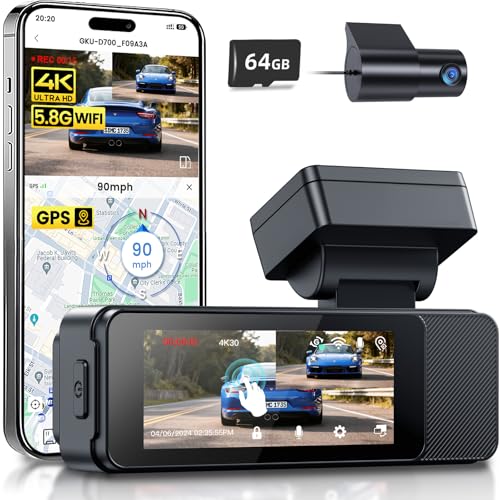 GKU 4K+1080P Dash Cam Auto,5GHz WiFi dash cam con Touchscreen da 3.18',GPS Integrato,Visione...