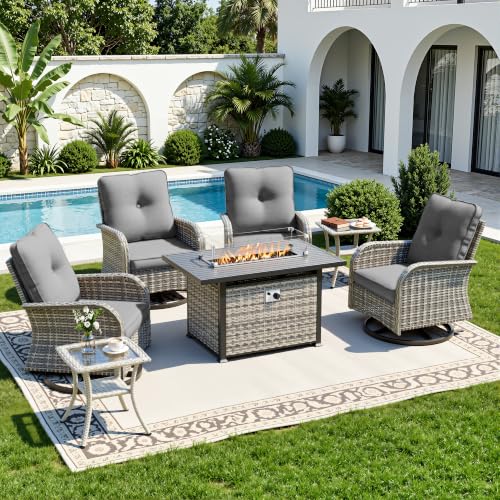 Image of 7-Piece Small Patio Furniture Set, Outdoor Swivel Rocking Chairs Set with 55,000 BTU Fire Pit Table Wicker Chairs and Tempered Glass Side Table, Patio Bistro Set for Balcony, Deck, Porch