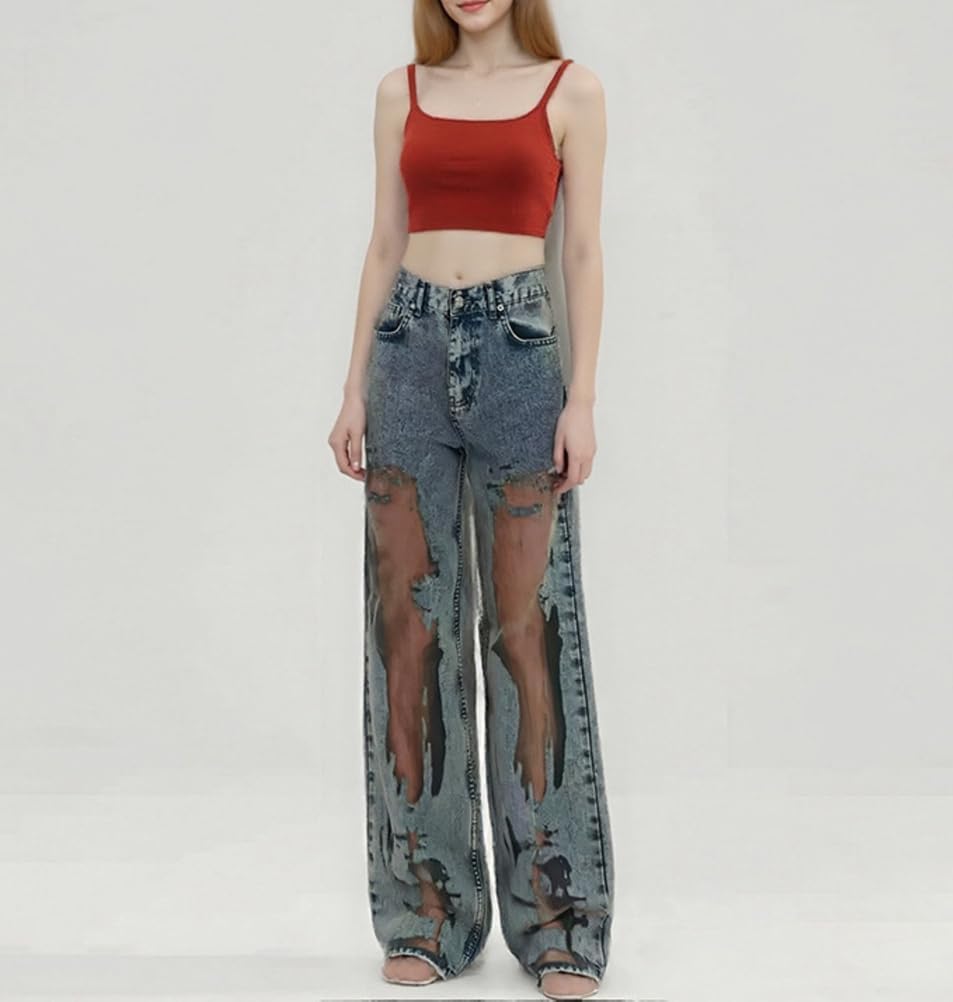 Women's Mesh Splicing Jeans Mid Rise Sexy Sheer Slim Fit Straight Wide-Leg Y2K Trendy Vintage Denim Pants