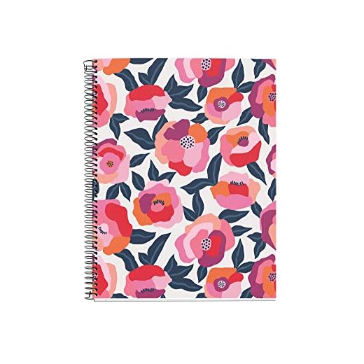 Miquelrius - A4 Notebook, Hardcover, 4 Colour Stripes, 120 Horizontal Ruled Sheets, 70 g Micro-Perforated Paper with 4 Drills for 4 Rings, Pink, Spring Design