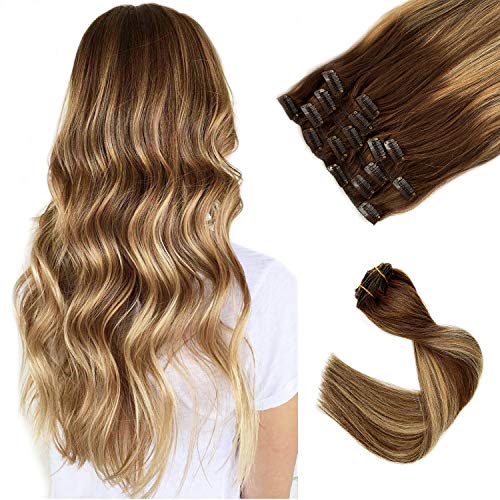 Clip in Hair Extensions Brown to Choclate Brown with Honey Blonde Highlighted Clip in Real Extensions for Women 7 Pcs 70 Gram Double Weft Remy Clip in Human Hair Extensions for Kids 18 Inch Clip ons