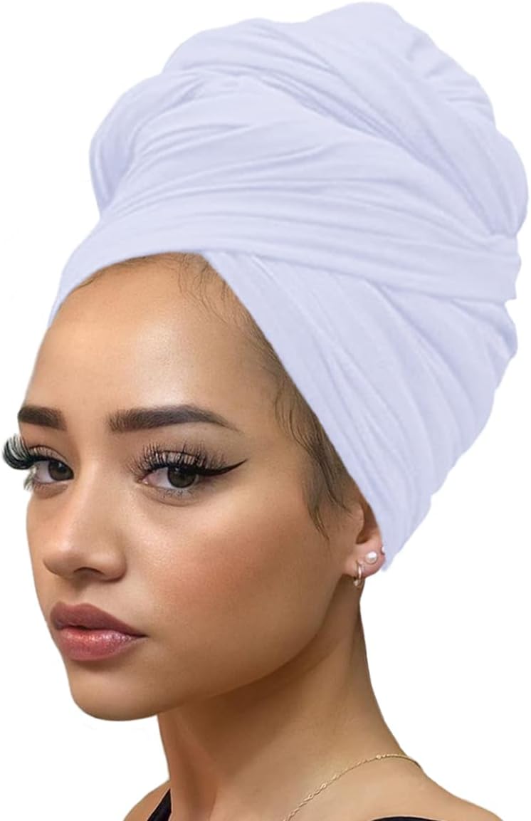Ultra Soft Stretch Jersey Turban Head Wraps Long Solid Color African Shawl Hair Scarfs Lightweight Breathable Head bands Ties for Black Women(White)